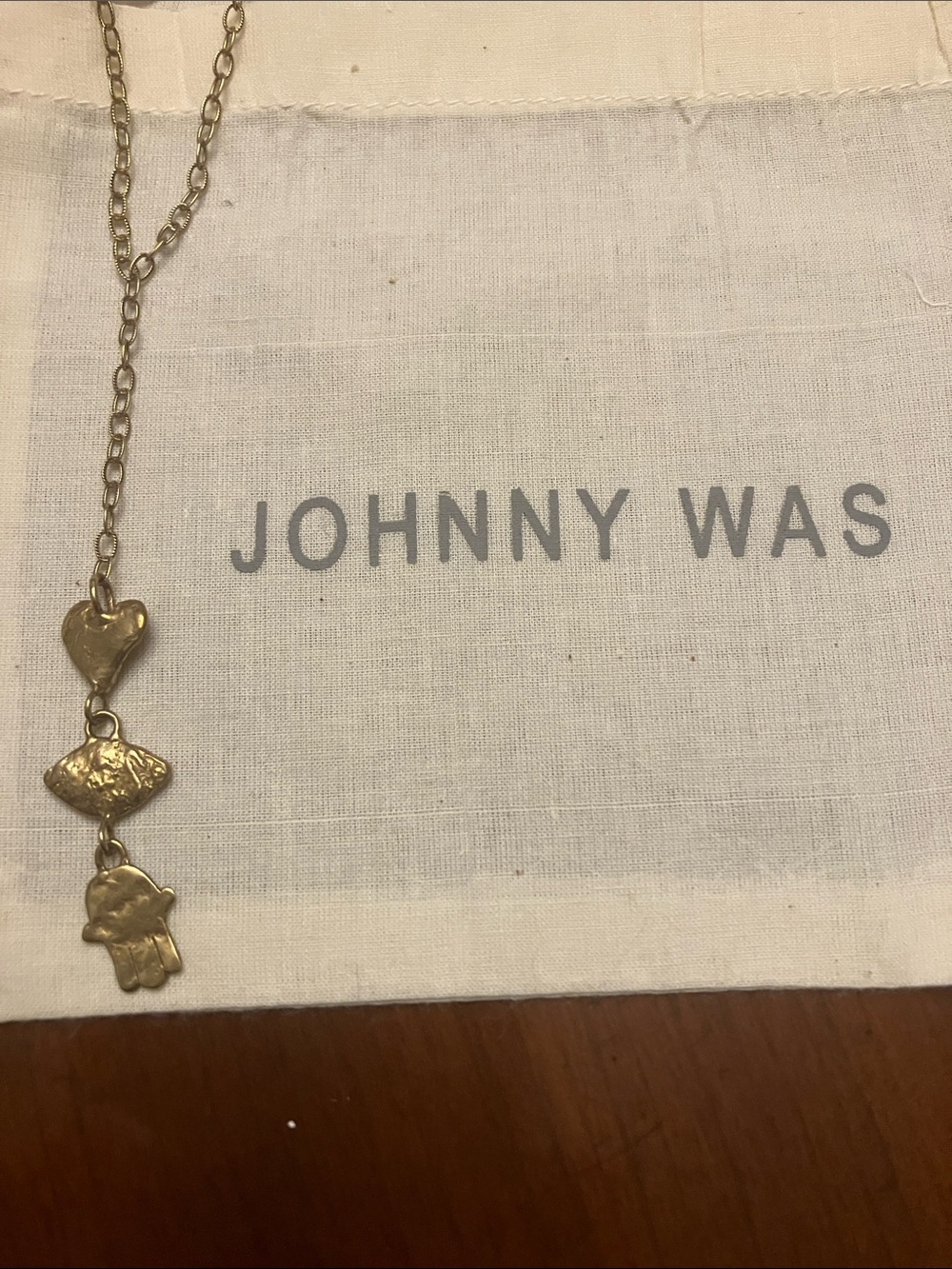 JOHNNY WAS. Gold Tone Triple Charm Lariat Necklace. DUST BAG. 12”.  FIRM.  NWT